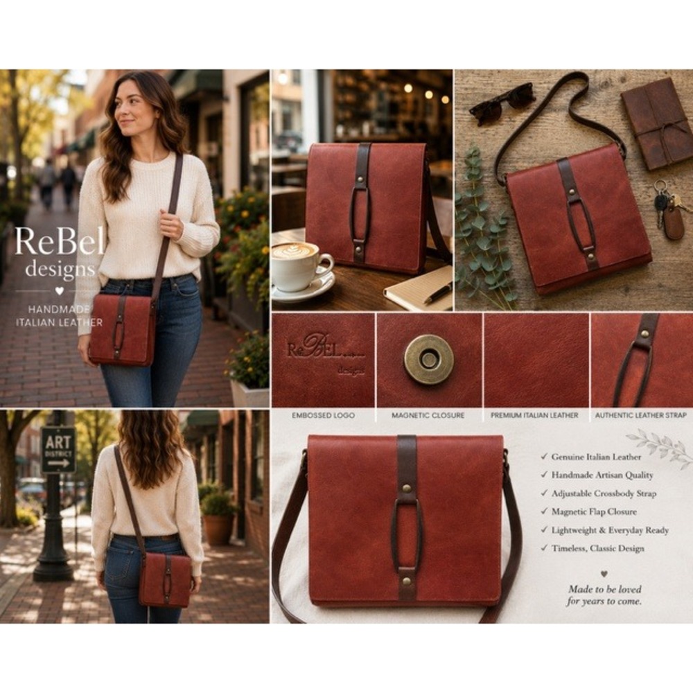 ReBel Designs Italian Leather Crossbody Bag Mahogany Brown Handmade Artisan Flap